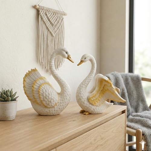 Image of Elegant Swan Couple Showpiece Set - White & Gold Polyresin Love Birds Statue for Home Decor, Living Room, Bedroom, Wedding Gift, Anniversary & Housewarming Decoration