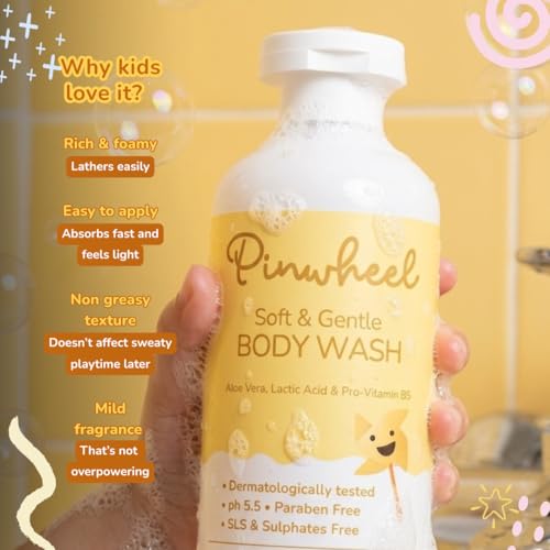 Image of Pinwheel Gentle Body Wash for Kids (4-12 Years) | 300ml | Mild & Moisturizing | ph 5.5 | Sulfate & Paraben Free | Aloe Vera, Lactic Acid & Pro-Vitamin B5 | Dermatologically Tested