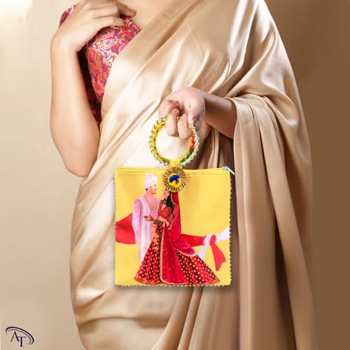 Image of Women Potli Bags Pack of 18| Gifting Potli with Zip & Bangle Handle | Traditional Shagun Return Gifts Potli for Mehandi, Haldi, Baby Shower, Wedding, Sangeet (Couple Print)