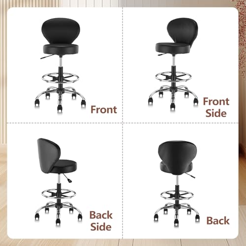 Image of KLASIKA Black PVC Faux Leather Drafting Chair Set of 4 Rolling Swivel Salon Stool with Back Support Foot Rest Adjustable Hydraulic Seat Height for Massage Facial Spa Medical Drafting Tattoo Beauty