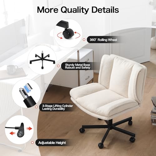 LEAGOO Criss Cross Chair with Wheels, Furry Armless Desk Chair, Comfy Wide Seat Cross Legged Office Chair, Stylish Height Adjustable Cute Swivel Vanity Chair for Home Office, Make Up, Cream White - Image 8