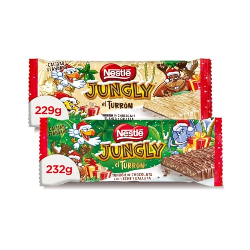 Nestlé Jungly Mega Pack Turrones: Turrón de chocolate con leche y galleta + Turrón chocolate blanco y galleta