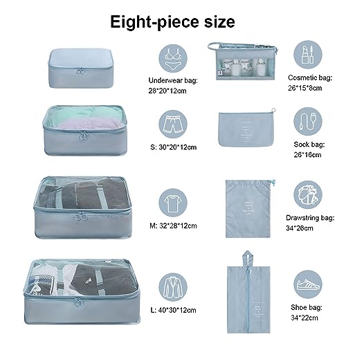 Image of OSDUE 8 Set Packing Cubes for Suitcases, Light Packing Cubes for Travel, Various Sizes Organizer Bags Set for Travel Accessories Travel Essentials,Travel Cubes for Carry on Suitcases (Korean Blue)