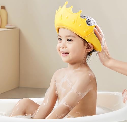 MOSIERRY 2 Stück Duschhaube Kinder, Haarwaschhilfe Kinder Duschhaube Baby Haare Waschen Kinderschutz,Krone Rosa Gelb