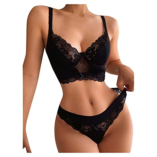 Bra & Brief Sets Ropa Interior Lencería Sexy Pijama Moda Liga Encaje Diseño para Mujer, Negro , M