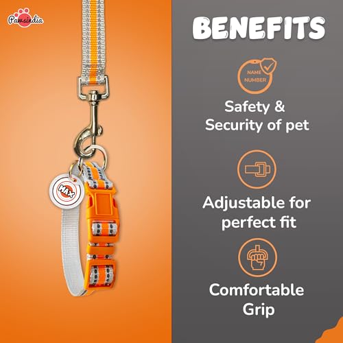 Image of Pawsindia Nylon Leash and Collar with Name Tag for Dogs, Reflective Orange 0.75 Inche Width Adjustable Collar and 4 Feet Heavy Duty Leash with Customize Nametag
