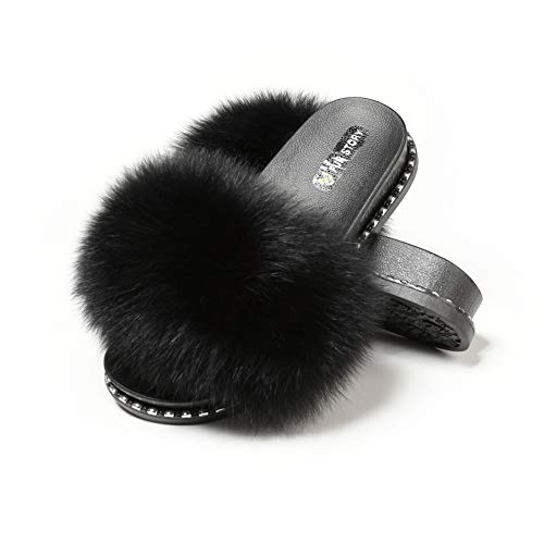 Fur Story Fur Slides Slippers Furry Fuzzy Slides Platform Sandals Open Toe Fluffy Slides Fox Fur Feather Sandals Fur Slip On Shoes for Women