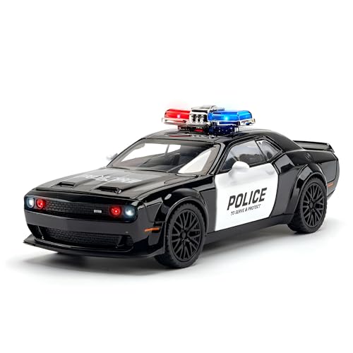 Image of Dodge Challenger Police 1:24 Diecast Metal Car - Openable Doors, Sound&Light, Pull Back Action,Collectible Toy Car for Kids - Durable & Realistic Model Collectors Police, Black