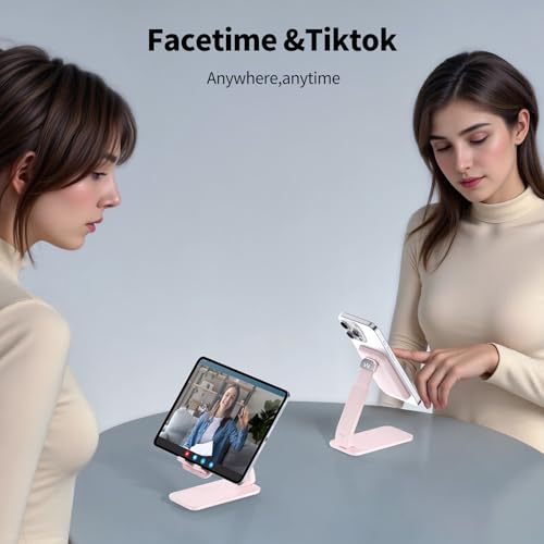 Image of iWALK Magnetic Cell Phone Stand for Desk, Angle and Height Adjustable Mobile Phone Holder, Foldable Magnet Stand for iPhone 17 16 15 14 13 12 Pro Max and iPad, Cell Phone Holder for Samsung, Pink