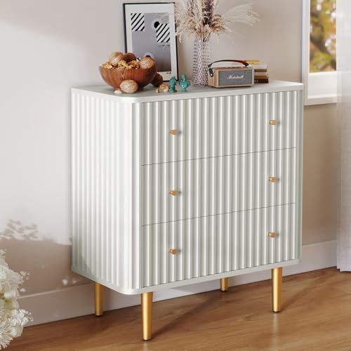 Image of HLR Modern 3 Drawer Dresser for Bedroom, Storage Chest of Drawers, White Wood Dresser Organizer with Fluted Texture, Accent Storage Cabinet for Living Room, Closet, Hallway