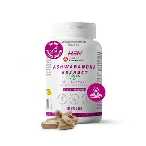 HSN Extracto Ashwagandha KSM-66 (12:1) 600mg/día (30mg Withanólidos) | 120 Cápsulas Vegetales | 7200mg equivalencia de Raíz Withania somnifera | No-GMO, Vegano, Sin Gluten
