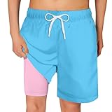 Cozople Boys Baby Blue Swim Trunks Kids Bathing Suits Size 10-12 with Compression Liner Anti Chafe Swimsuit