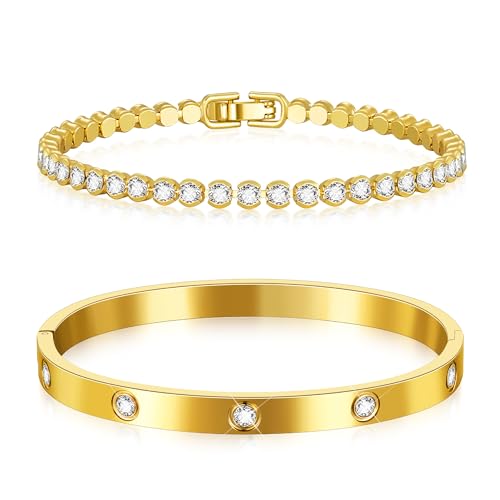 Howoo 14K Gold Plated Bracelets for Women Gold Bangle Zirconia Tennis Bracelet Mesh Link Snake Chain Bracelets Jewelry Set