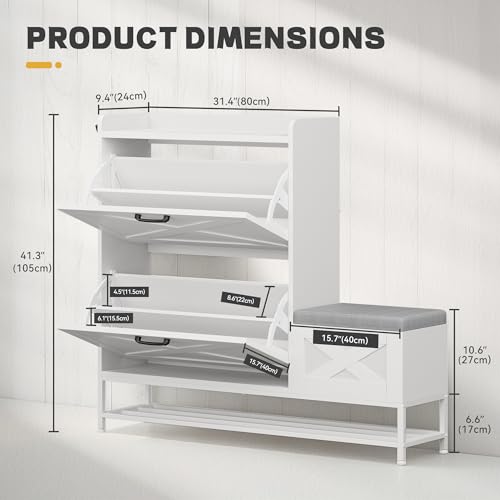 DWVO Farmhouse Shoe Cabinet Bench with 2 Flip Drawers for 16 Pairs, Chic Entryway Bench and Rustic Design for Living Rooms and Hallways (White)