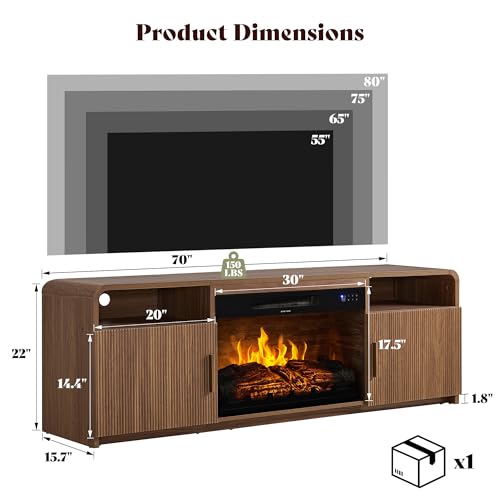 AMERLIFE 70\" Fluted Fireplace TV Stand for TVs Up to 80\", Modern TV Console with 30\" Electric Fireplace & Storage Cabinets, Media Entertainment Center for Living Room, Brown - Thumbnail 2