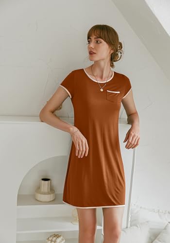 Image of Ekouaer Womens Nightgown Sleep Shirt Dress Satin Patchwork Short Sleeve Sleepwear with Pocket