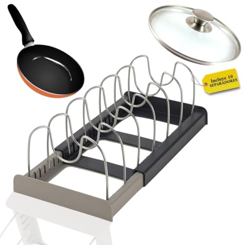 Organizador de Sartenes Extensible, Soporte para Sartenes y Tapas de Ollas, Organizador Sartenes para Cajones, Organizador Tapas Ollas y Sartenes, Separador de Sartenes y Platos con 10 compartimentos