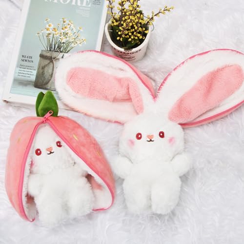 Zaloife Hase Plüschtier Verstecken Rosa, Plush Hasen Erdbeeren 24cm, Stofftier Plüsch Hasen Versteckspiel, Kuscheltier Osterhase Puppe Geschenk für Kinder