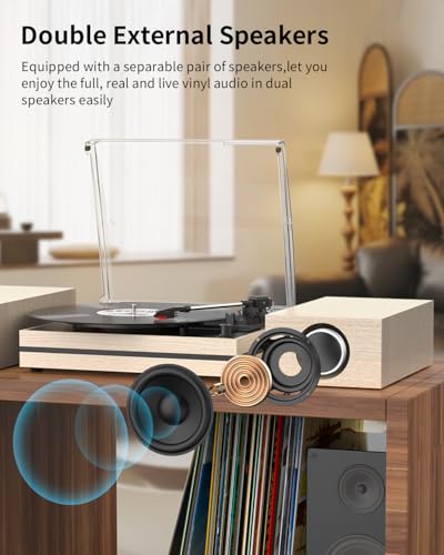Image of Vinyl Record Player with Two External Speakers Belt-Drive Turntables for Vinyls Records Dual Stereo Speakers LP Players 3 Speed Full Size Wireless AUX-in Headphone Auto Stop Wood White
