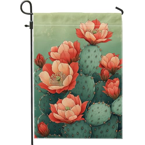 Drapeau de jardin floral printemps-été, cactus à fleurs de corail, décoration d'intérieur, drapeaux de jardin, double face, toile de jute extérieure, décoration de pelouse 30,5 x 45,7 cm