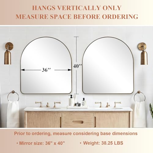 Image of ANDY STAR Arched Mirror, 36 x 40 Inch Brushed Gold Wall Mirror in Stainless Steel Metal Frame, Arch Top Rounded Corner 1 Inch Deep Set Design Wall Mount Hangs Vertical