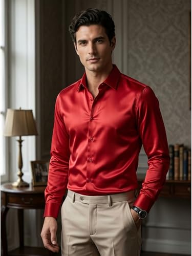 Image of DEELMO Men's Stylish Solid Satin Casual Shirt for Men Full Sleeves| Poly Satin Silk Shirt