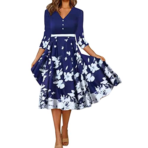 Vestido De Manga Larga con Cuello Redondo Estampado De Posicionamiento De Y Ocio Elegante para Mujer Vestido De Mujer Corto (Blue, M)