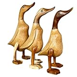 Darthome Set Of 3 Teak Duck Sculptures Brown Smooth Standing Wood Bird Family Ornaments