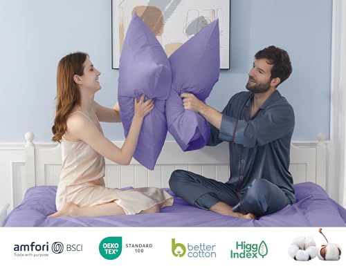Pillow Cases, King Size Cotton Percale Weave Pillowcases, Pre-Shrunk Breathable and Hypoallergenic Pillowcases, Set of 2 (2 Piece King 20 Inch x 40 Inch, Purple)