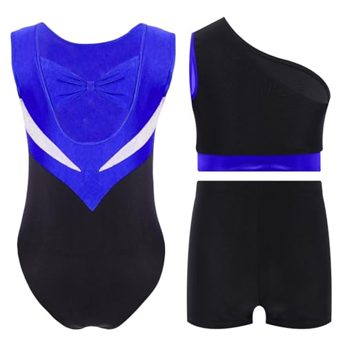 YiZYiF Girls Pcs Color Block Gymnastics Dance Outfits Sleeveless Jumpsuit One Shoulder Crop Top Shorts Set2