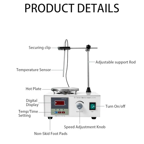 T2OL Magnetic Stirrer Hot Plate with Stir Bar, 110 V, 1000 mL Capacity, 0-2000 RPM, Temperature Control, Ideal for Lab and Industrial Use