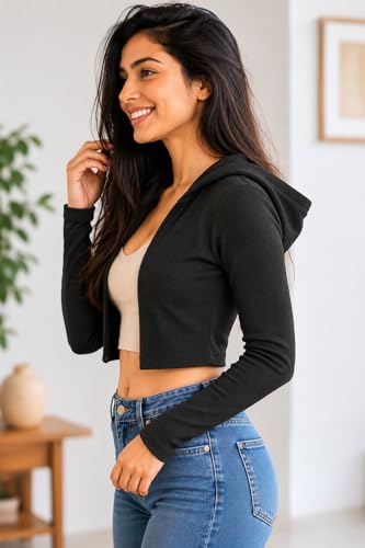 Image of Rabboni Women's Ribbed Crop Hoodie Sweatshirt with Front Zip Closure | Full Sleeve Stretch Knit Crop Top | Slim Fit Casual Hoodie for Gym, Yoga, Travel & Everyday Wear.