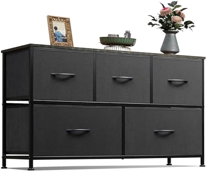 WLIVE Dresser for Bedroom with 5 Drawers, Wide Chest of Drawers, Fabric Dresser, Storage Organizer Unit with Fabric Bins for Closet, Living Room, Hallway, Charcoal Black