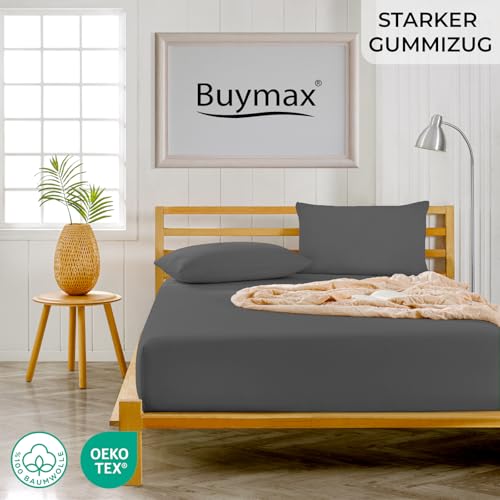 Foto von Buymax® Spannbettlaken 90x200cm Baumwolle 100% Spannbetttuch Bettlaken Jersey, Matratzenhöhe bis 25 cm, Farbe Anthrazit