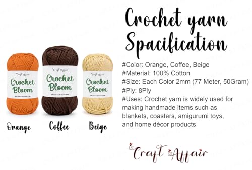 Image of Craft Affair | Crochet Bloom Cotton Yarn 8ply (Each Color 2mm, 77Meter, 50Gram) 100% Pure Cotton | for Knitting Yarn | Craft & DIY Project: Orange, Coffee, Beige