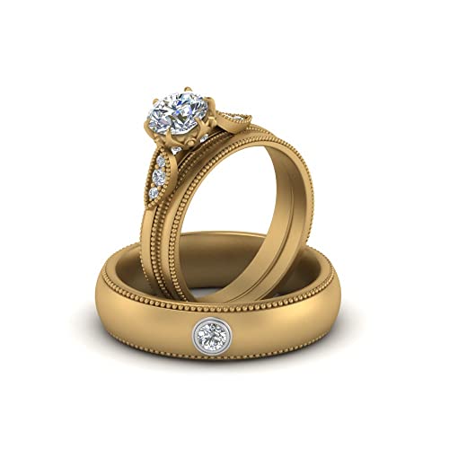Image of Choose Your Gemstone Milgrain Matching Wedding Set for Couples Yellow Gold Plated Round Shape Wedding Ring Sets Matching Jewelry Wedding Jewelry Easy to Wear Gifts US Size 4 to 12
