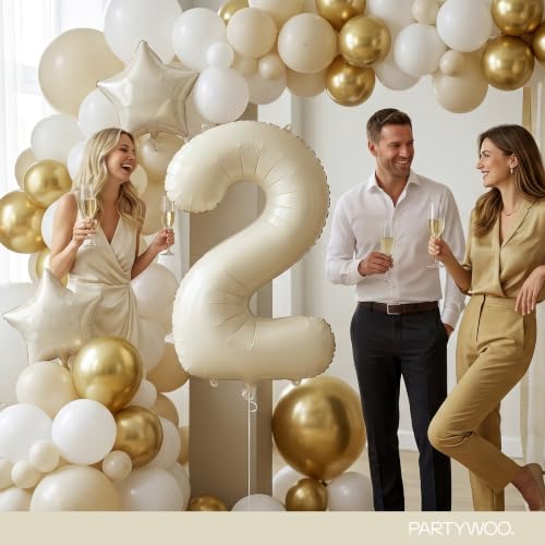 Image of PartyWoo Beige Number 2 Balloon 40 Inch 25pcs White Sand Foil Star Gold