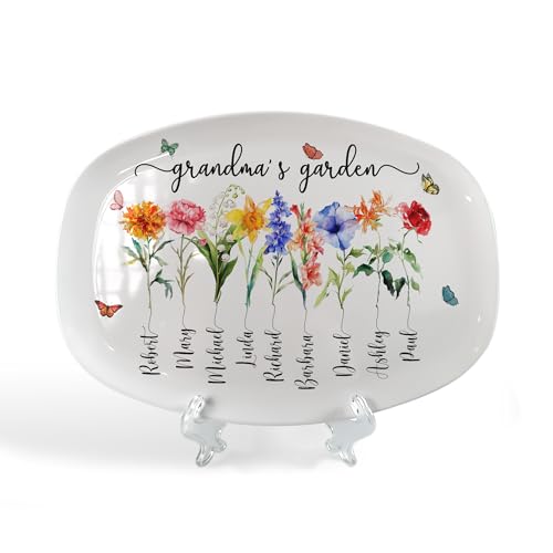 Personalized Grandma's Garden Plate w/Grandkids Names, Birth Flower Platter w/Kids Names, Unique Mothers Day 2025 Gift From Grandkids, Mini Nana Gigi Decor Gift, Grandmother Decorative Serving Tray