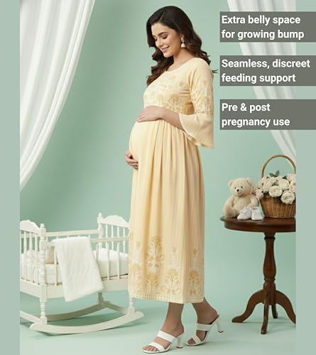 Image of DUMMY SHAPE Feeding Nighty | Maternity Dresses for Women Cotton Blend | Floral Pink Anarkali Kurta with Dual Nursing Zippers for Pregnancy & Breastfeeding | Gifts for Pregnant Women (