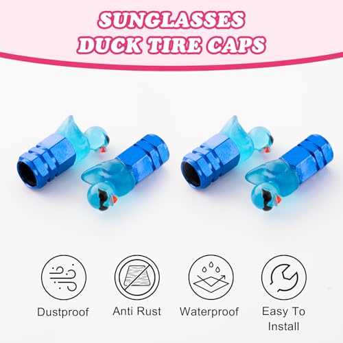 4Pcs Duck Tire Valve Caps, Funny Sunglasses Duck Valve Stem Caps Covers for Wheels, Decorative Cute Tire Valve Caps for Car Accessories (Hexagon Duck Blue)