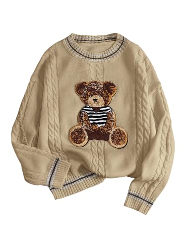 SHENHE Girl's Cute Bear Cable Knit Sweater Vintage Striped Crew Neck Loose Textured Pullover Jumper