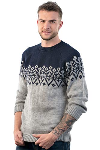Intialpaca Handmade Crewneck Blue and Gray Alpaca Sweater for Men Olympus3