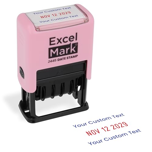 ExcelMark 2445 Date Stamp with Text - Blue and Red Ink (Pink Mount, Custom)