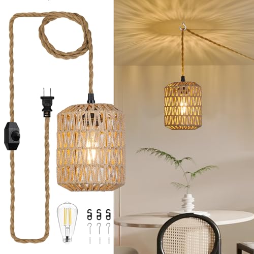 Image of Plug in Pendant Light with 6W LED Bulb Warm Light(3000K) Dimmable Switch Cute Rattan Hanging Lamp Cord 15ft Hand Woven Plug in Chandelier Boho Hanging Lights Fixture for Bedroom Kitchen