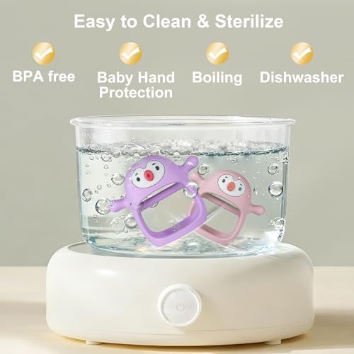 Image of Smily Mia 2pack Penguin Teether for Babies 0-6Month, Infant Teething Toys,Pacifiers for Breastfed Babies, Silicone Teething Mittens for 3-6Months, Perfect Shower Gift+Baby Registry, Pink&Purple
