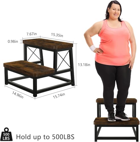 Image of 82984 Heavy Duty Wooden Step Stool for Adults, 2 Tier Heavy Duty Step Stool for High Bed with Non-Slip Feet, Using for Bedroom, Living Room, Bathroom and Kitchen