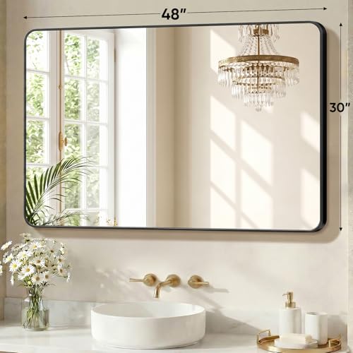 Image of Sweetcrispy Bathroom Mirror for Over Sink, 30x48 Inch Wall Mount Mirror with a Rounded Rectangle and Matte Metal Frame, Modern Wall Vanity Mirrors for Home Decor, Living Room, Bedroom, Black
