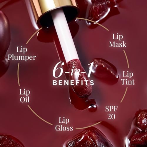 Image of RAS Luxury Oils Hydrating 4-in-1 Super Plump Lip Oil Gloss, Balm, Plumper & Gloss with SPF 20 | Enriched with Natural Oils, Peptides & Hyaluronic Acid - Grape Glow