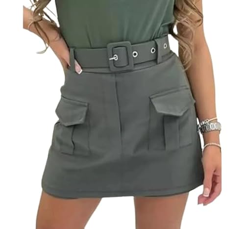 Image of Pure Fashion UK® Women's Cargo Pocket Viral Skirt Ladies Summer Casual Belted Bukle Elastic Waist Mini Skort (Khaki, L)