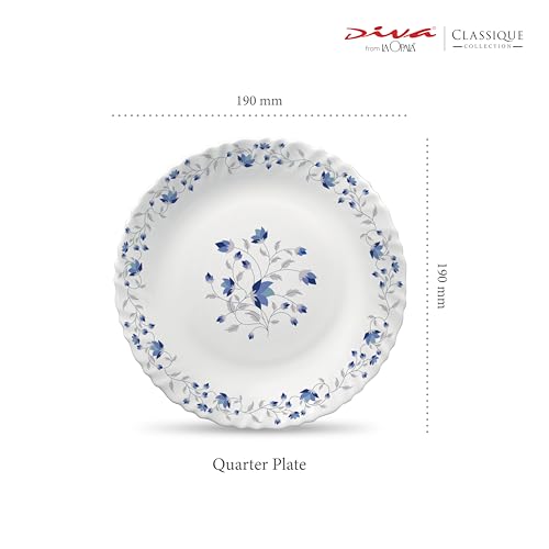Image of La Opala Diva Classique Collection Opal Glass Crockery | Quarter Plate Set of 6 | Blue Mystique Design | for Snacking & Gifting | Microwave Safe | 100% Vegetarian | Extra Strong | Light & White